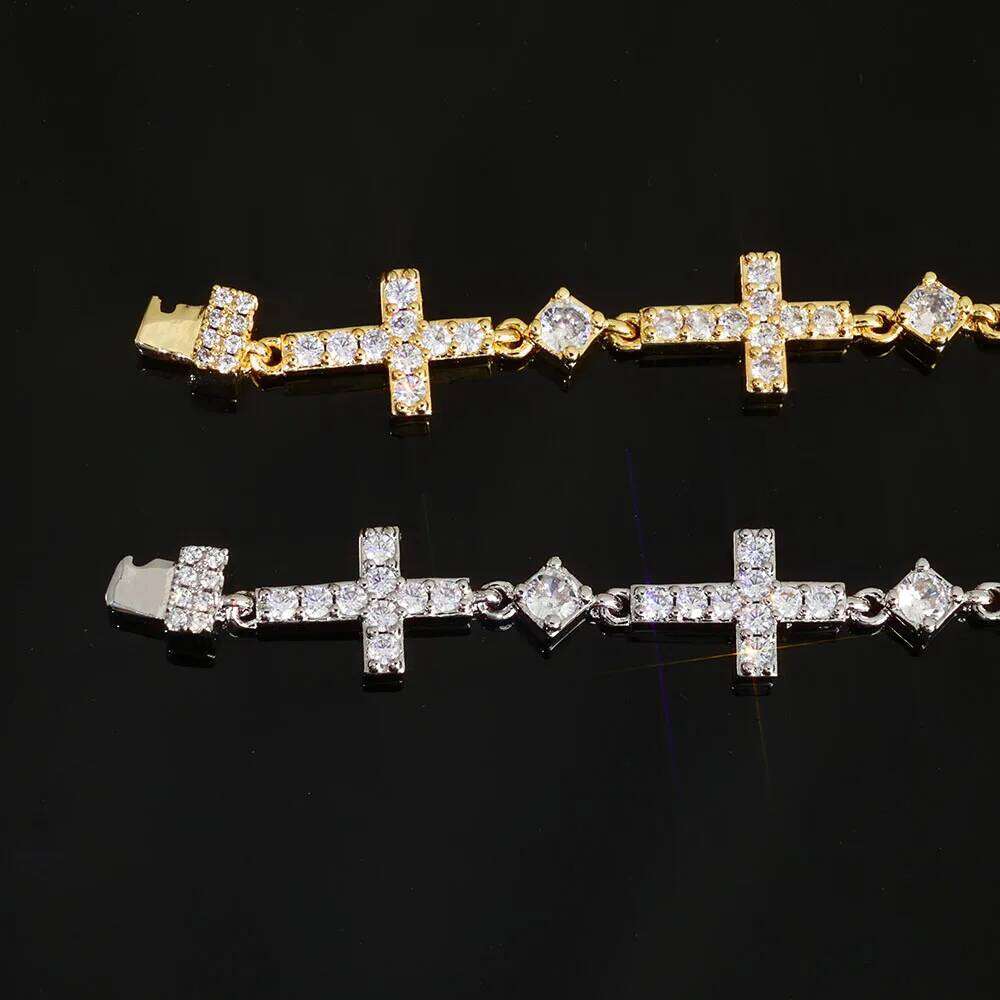 jewelry Luxury Gold Plated 5MM Iced Out Chain Bracelet Elastic Clasp Small Cross Design Bling Zircon Stones Fine Jewelry