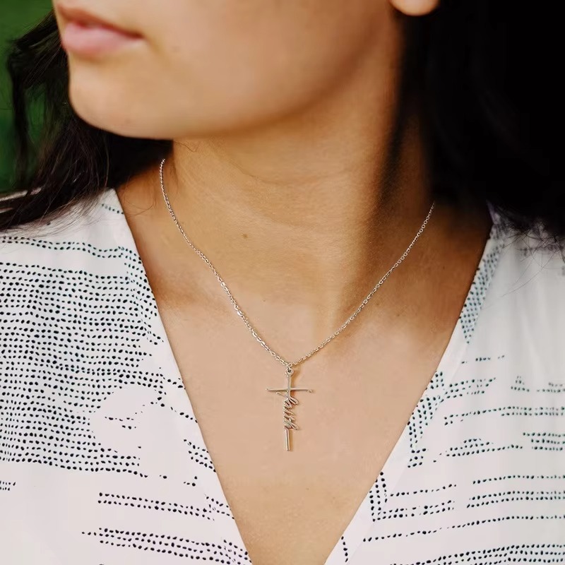 Designer Jewellery High Quality Stainless Steel Waterproof Silver Jesus Cross Pendant Name Carving Necklace for Men and Women Religious Gift Textured 