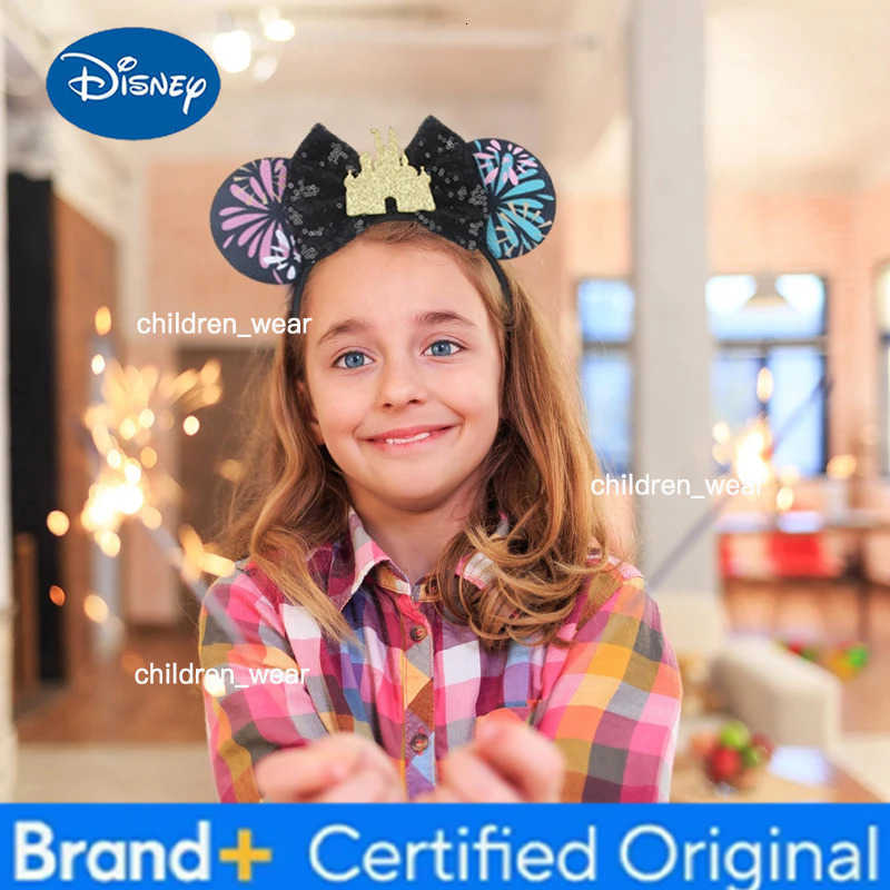 Disney 2025 Castle Fireworks Mouse Ears Headband Sequins Bow Hairband For Girls Children Featival Party DIY Hair Accessories H251226
