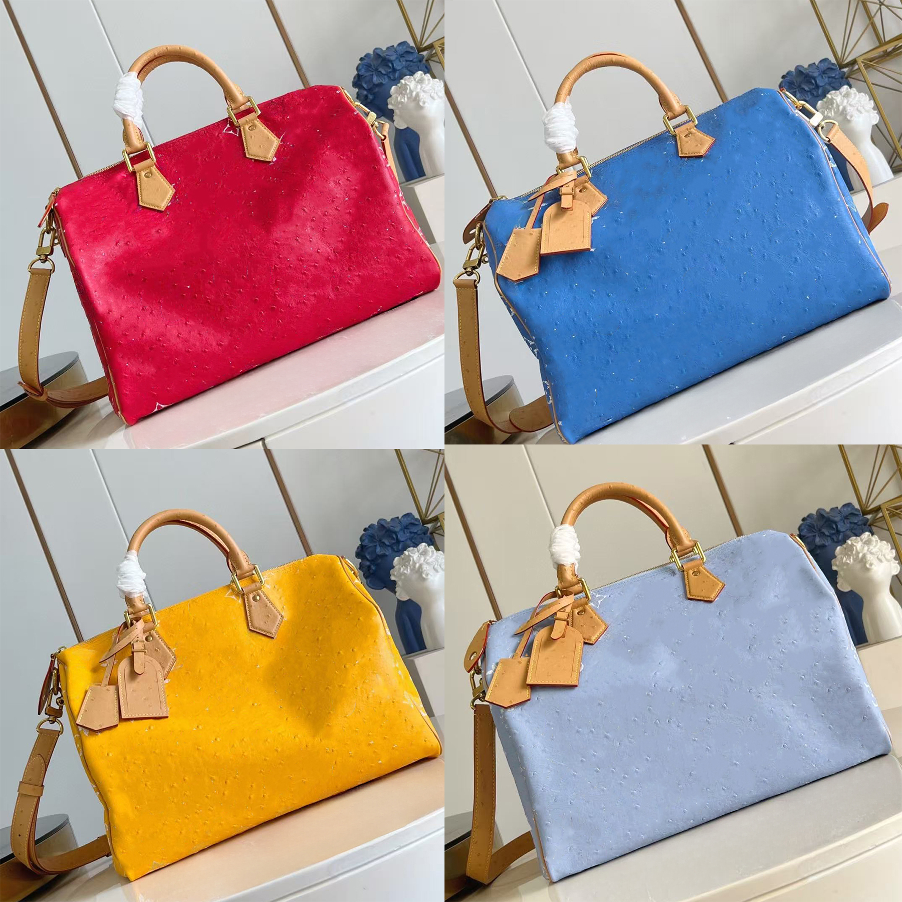 TOP quality designer bag shoulder bag genuine leather handbag lady tote bags designer men women bags P9 Ostrich Leather stitched metal plate Embroidery dust bag