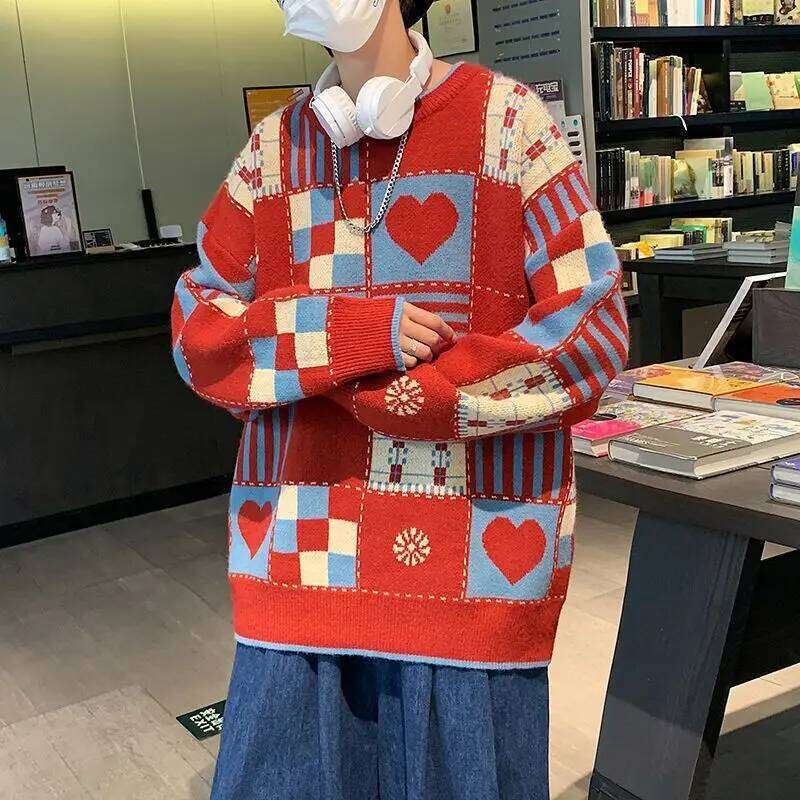Japanese Retro Contrasting Checkered Heart-Shaped Round Neck Sweater Men's And Women's Trendy Brand Loose Fitting Student Couple
