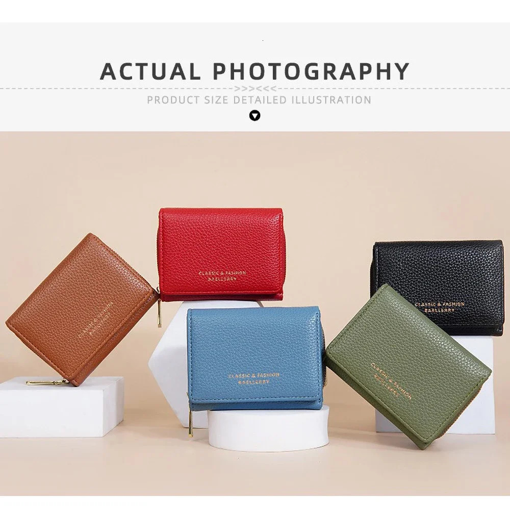 Premium Short Tri-Fold Wallet for Women - Slim Lychee Pattern Leather with Coin Pocket 6 Card Slots 251225