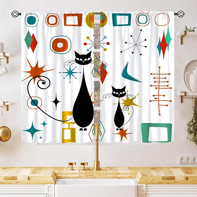 YL-38056 New Simple Geometric Pattern Cute Cat Print Curtain for Kitchen, Cafe, and Restaurant Decoration