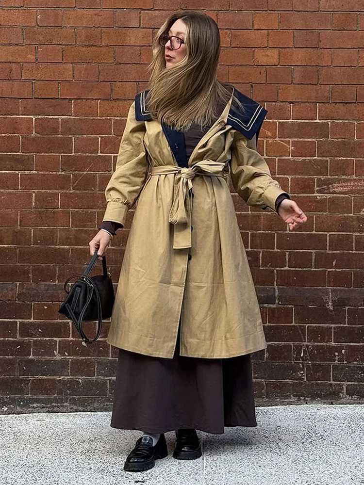 Retro Lace-up Long Trench Coat Jacket With Navy Sailor Collar Elegant Streetwear Outerwear Loose Fit Demi-season Fashion OutfitT251226