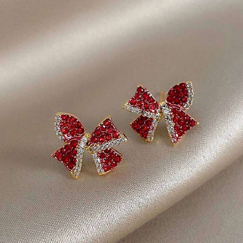 Red Zircon Crystal Bow Stud Earrings For Women Heart Shape Bowknot Christmas Earring Girl New Year Festival Jewelry 25H1226