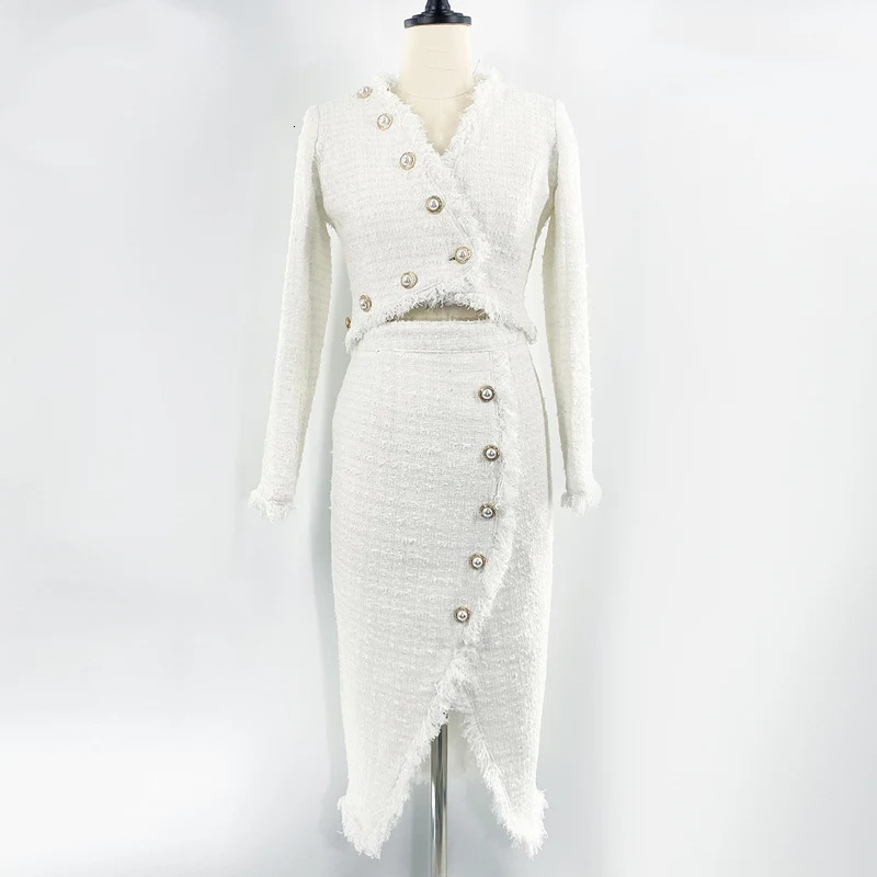 Tweed jacket Skirt Suit fashion Professional Set slimming Womens AutumnWinter White 2Piece 251211