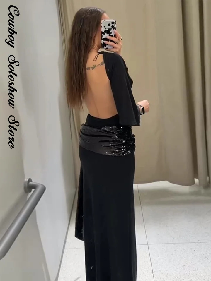 Women Backless Sequin Patchwork Maxi Dress Elegant Wide Sleeve Long Gowns Feminine Fashion Evening Party Daily Robes 2025 251225