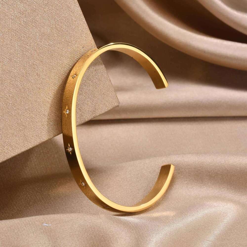Open Adjustable Star Starburst Cuff Bangle Bracelet for Women Stainless Steel Cubic Zirconia Inlay Charm Layered Jewelry 25T1226