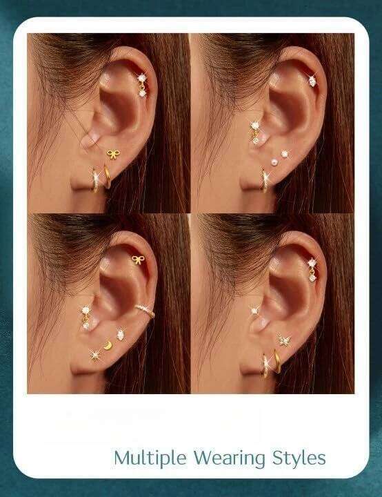 Bobisty 1 Pair 14K Gold Plated Flat Back Stud Hoops Earrings for Women Men CZ Stainless Steel Cute Cartilage Piercing Jewelry 25H1226