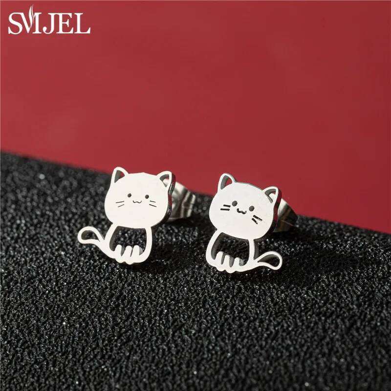 2025 New Funny Happy Kitty Stud Earrings for Girls Fashion Cute Animal Cat Earings Silver Color Kitten Jewelry 25H1226