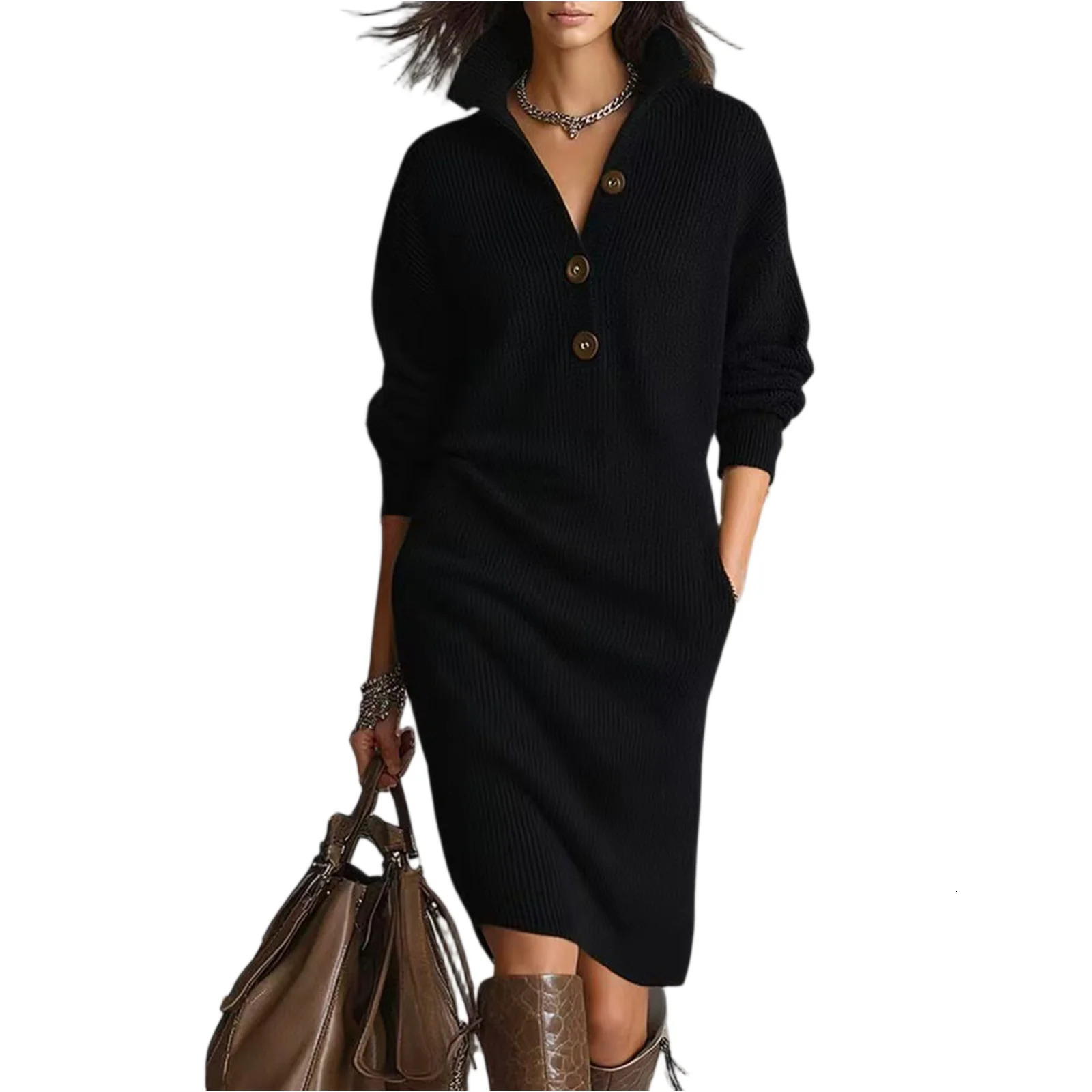 Autumn Casual Button Loose Straight Knitting Mid-Length Sweater Dresses Womens Fashion Lapel Long Sleeve Pocket Party Dress 251225