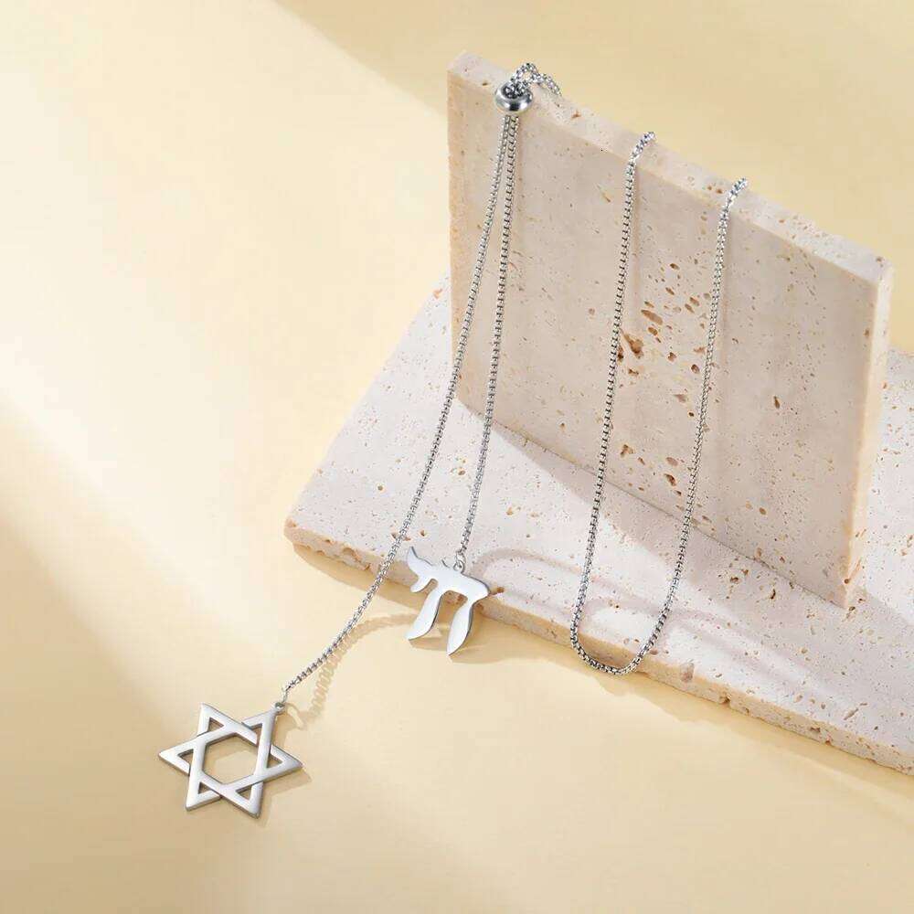 Double Amulet Pendant Long Necklaces Star of David and Jewish Hebrew Chai Necklace Sweater Chain Hexagram Judaism Steel Jewelry 25N1226