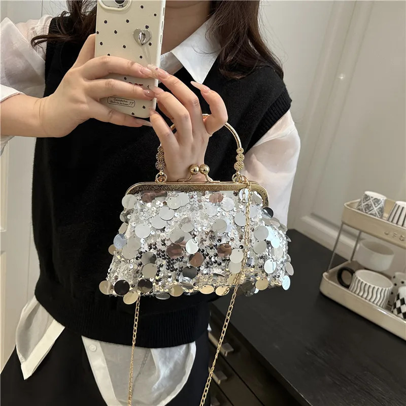Ladys hand bag sequined clip handbag bag ladys chain dinner bag chain fashion shoulder crossbody bag 251223