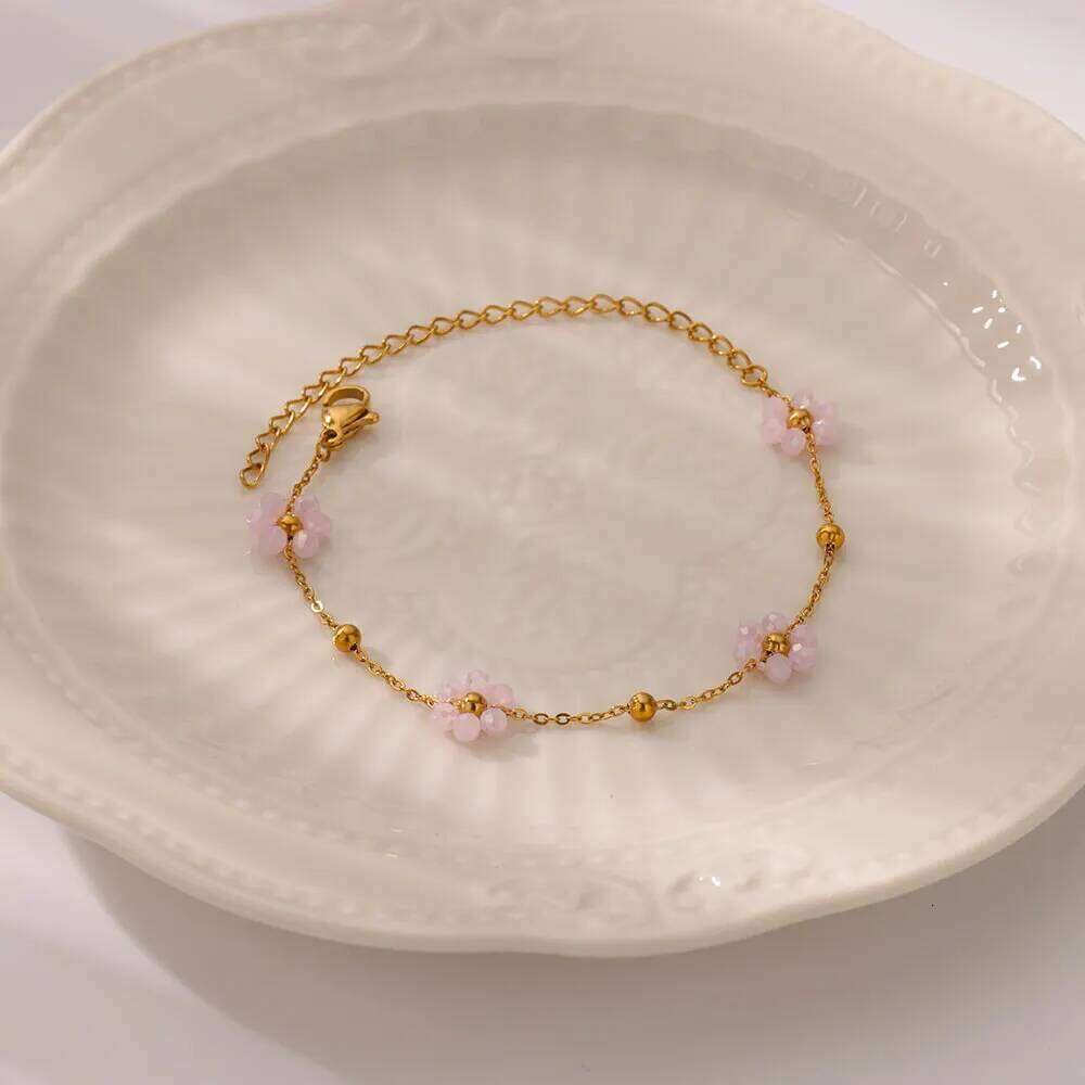 Beads Flower for Women Stainless Steel Gold Color Pendant Bracelet Femme Vintage Boho Wrist Jewelry Accesorios pulseras 25T1226