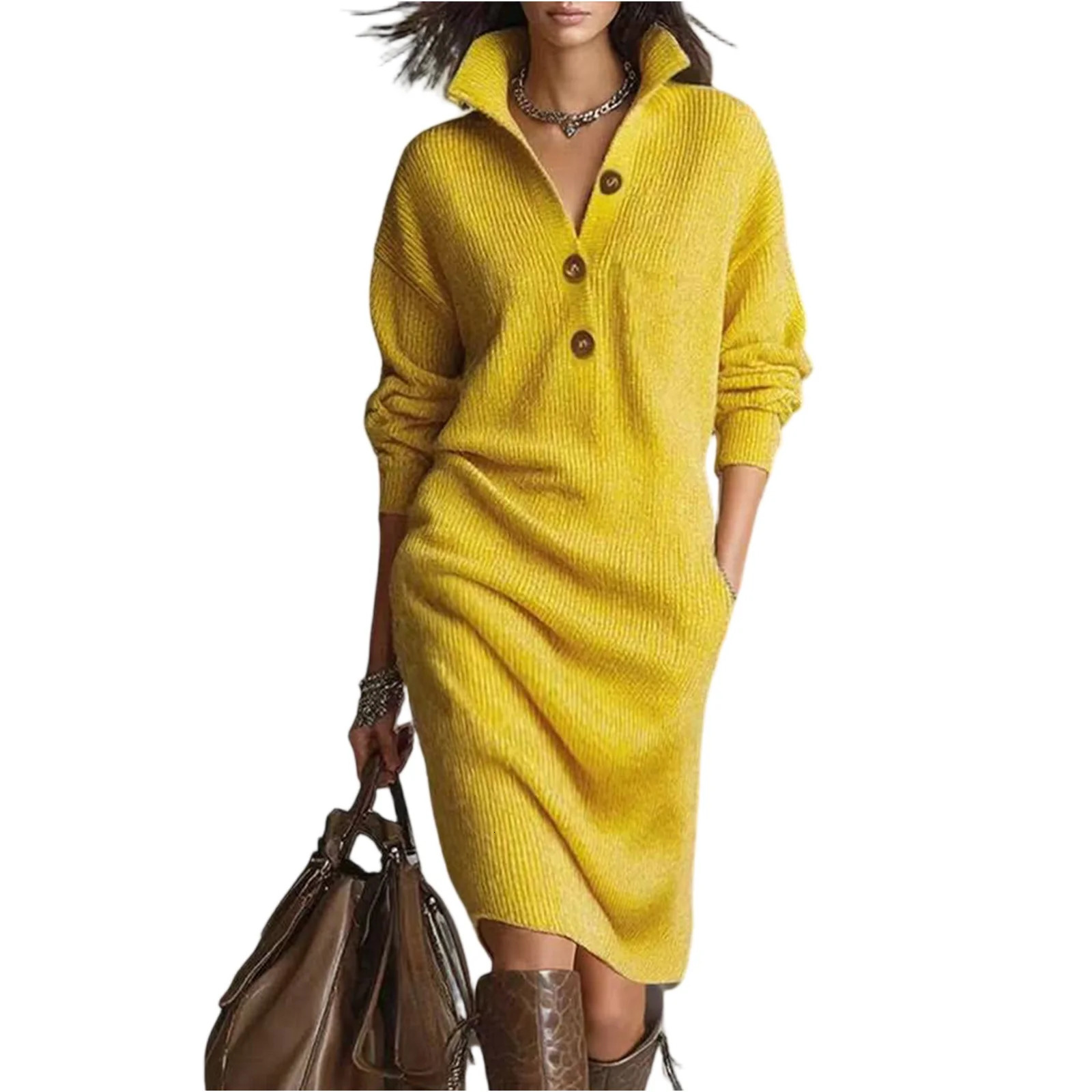 Autumn Casual Button Loose Straight Knitting Mid-Length Sweater Dresses Womens Fashion Lapel Long Sleeve Pocket Party Dress 251225