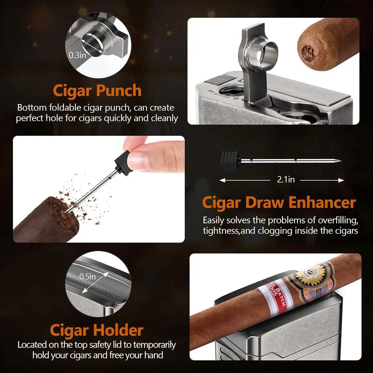 Scotte Cigar Lighter 4 Jet FlameRefillable Butane Lighter with Cigar Cutter V Cut Cigar Punch Cigar Holder Cigar Draw Enhancer Y251218