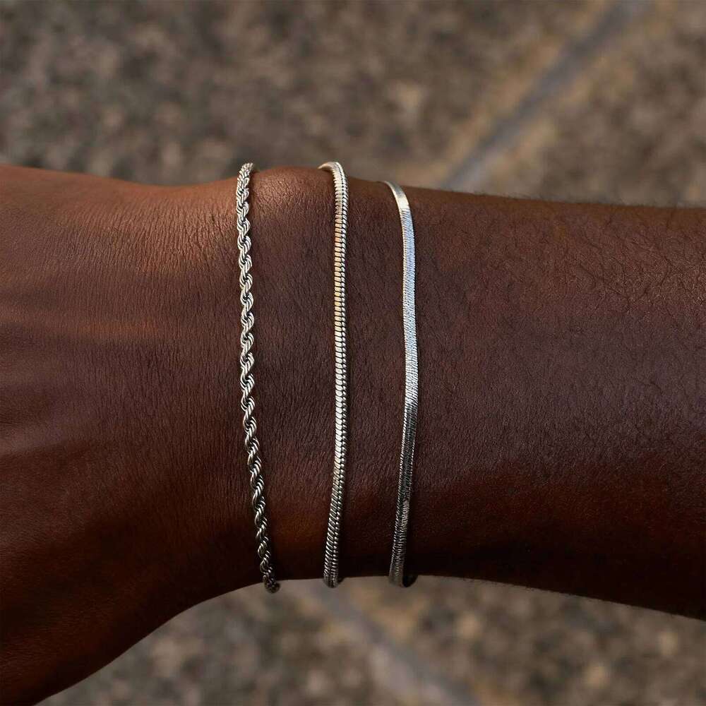 3pcs Men Thin Bracelet,Never Fade Silver Color Twist Chain Wristband,Stylish Punk Jewelry Gift 25T1226