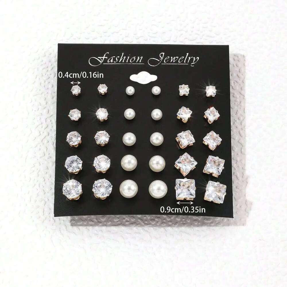 15pairs Cubic Zirconia & Faux Pearl Decor Stud EarringsSuitable for Holidays, Parties, Dates, Gifts, Everyday Wear 25H1226