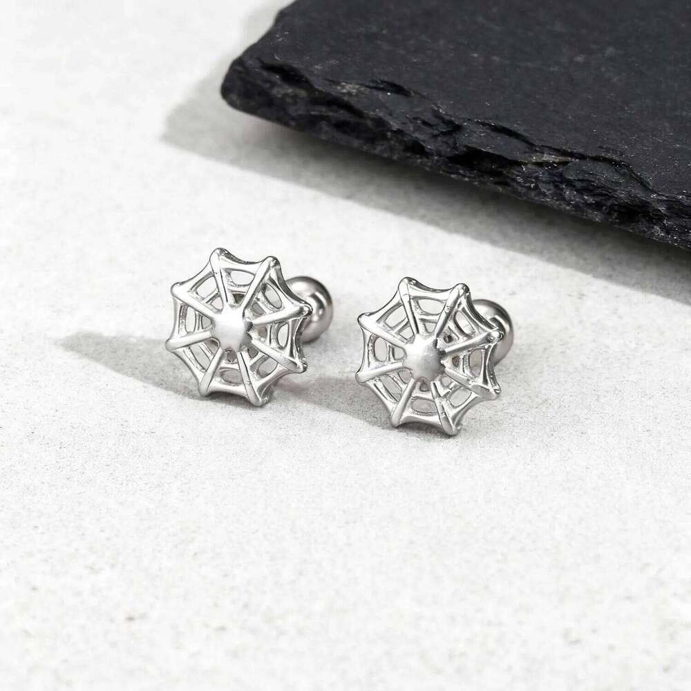 Spider Web Stud Earring for Men Women,Silver Color Stainless Steel Piercing Earring,Halloween Jewelry Gift 25H1226