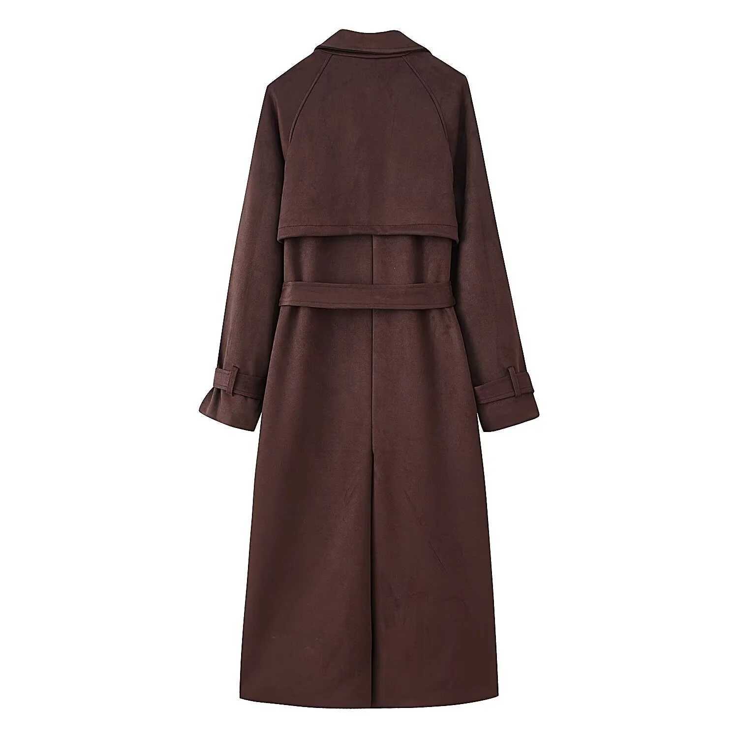 Women Retro Solid Suede Long Trench Coat With Belt Lapel Double-Breasted Jacket Pockets 2025 Autumn Winter New Lady OutwearT251226