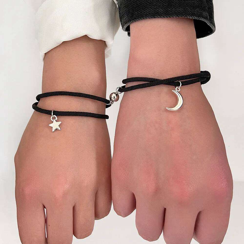 2pcs/set Fashion Adjustable Braided Black Moon Star Cord Matching Attraction Bracelets Women Couples Friendship Bracelet 25T1226