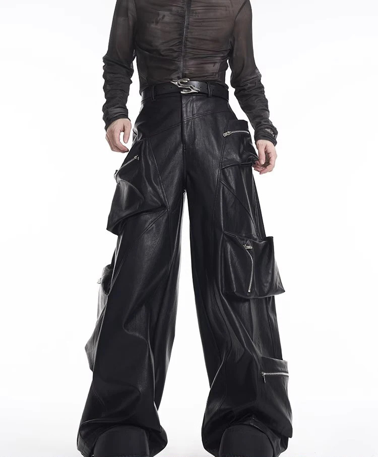 Mauroicardi Spring Autumn Cool Long Baggy Black Pu Leather Wide Leg Cargo Pants Men with Many Pockets ner Techwear Clothes 251226