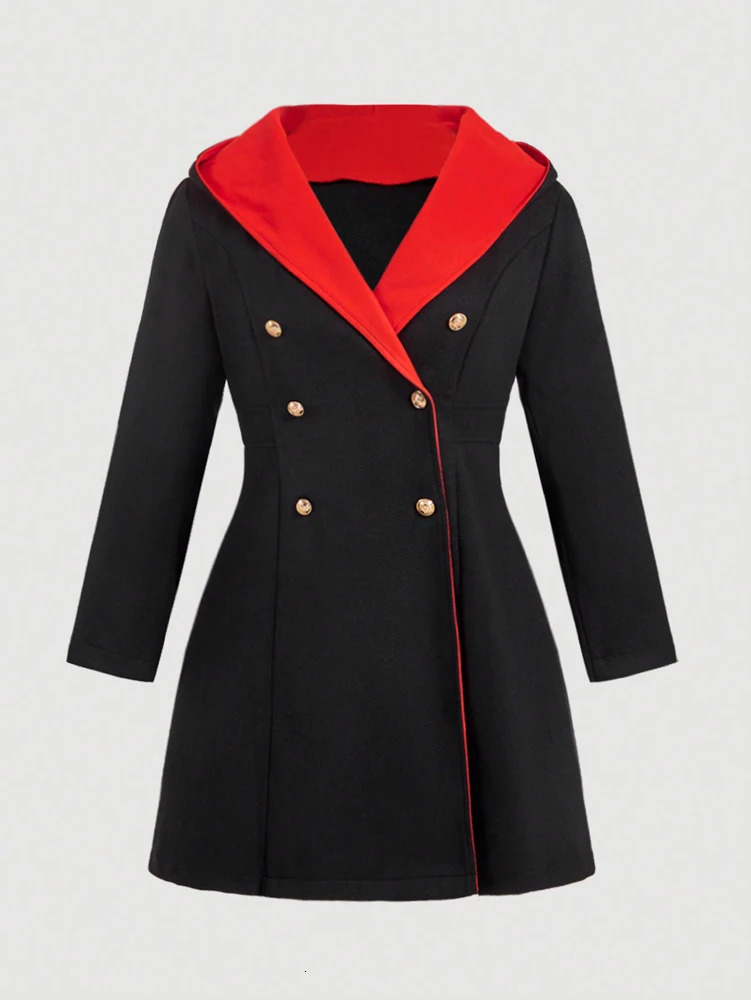 Plus size Winter Ms tweed trench coat Pure colour hooded fur splicing Elegant Warm Double-breasted 251222