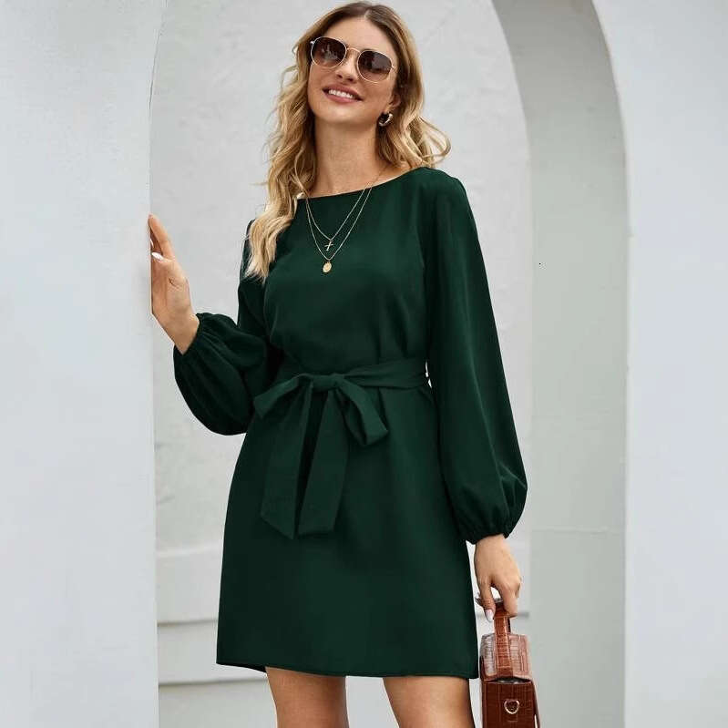 Dress for Women 2026 European American Style Solid Color High Waist Puff Sleeve Mid-Length Pullover Dress Chic Office Commuting Slim Outfit
