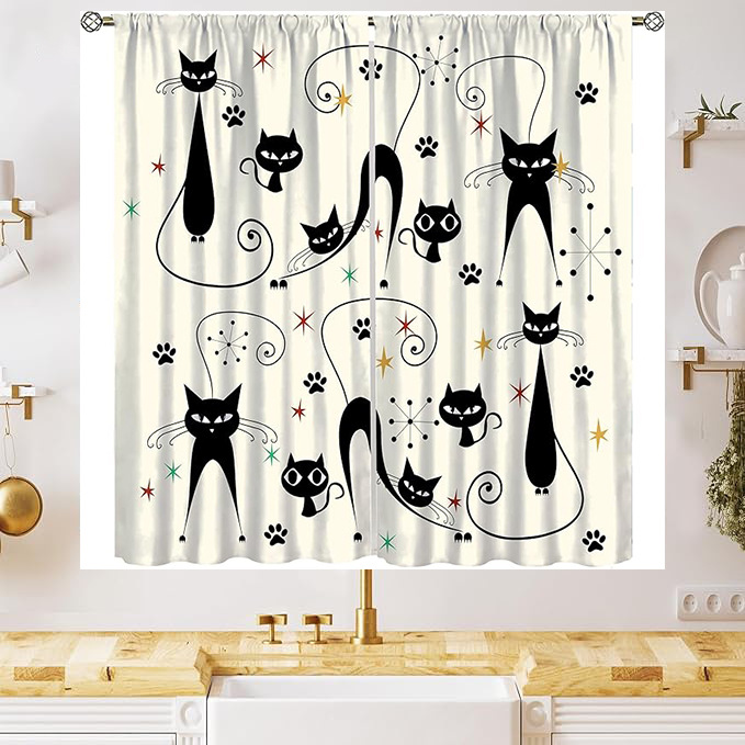 YL-38051 New Simple Geometric Pattern Cute Cat Print Curtain for Kitchens, Cafes, and Restaurants - Decorative Window Valance