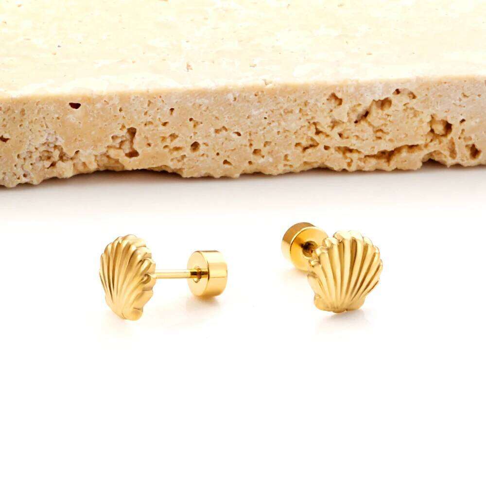 Gold Plated Shell Earrings For Women 2023 Trending Stainless Steel Piercing Screw Back Stud Birthday Jewelry Gifts Accessories 25H1226