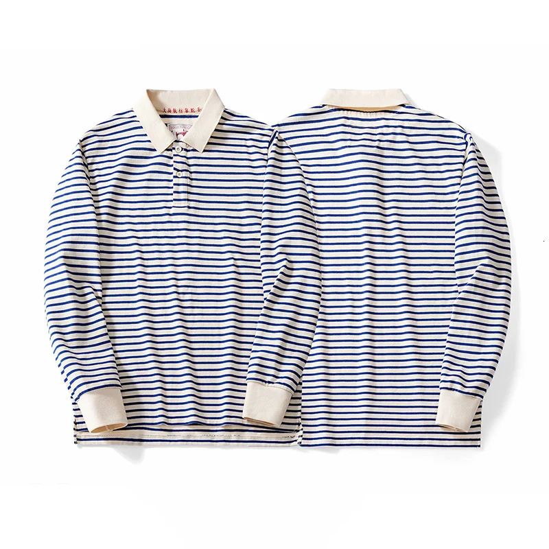 Autumn Long Sleeve Polo Shirt Men Japanese Retro Loose Combed Cotton Striped Shirts Casual Streetwear Lapel Tops Oversize 251222