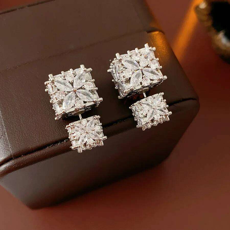 Shiny Cubic Square Full Zircon Stud Earrings Women Dual-style Silvery Hollow Ear Studs Girls Jewelry Gifts for Friends C1 25H1226