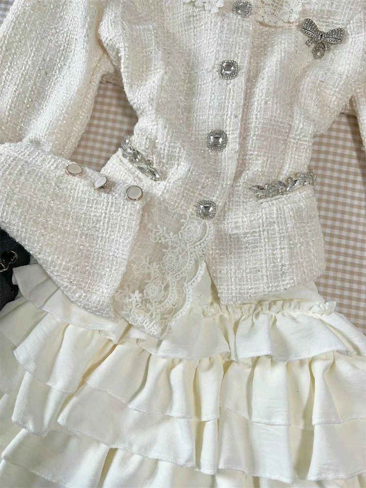 Korean Style Tweed Jacket Elegant Short Skirt 2 Piece Set Women Autumn Outfit Chic High End Retro Vintage Aesthetic Streetwear 251211