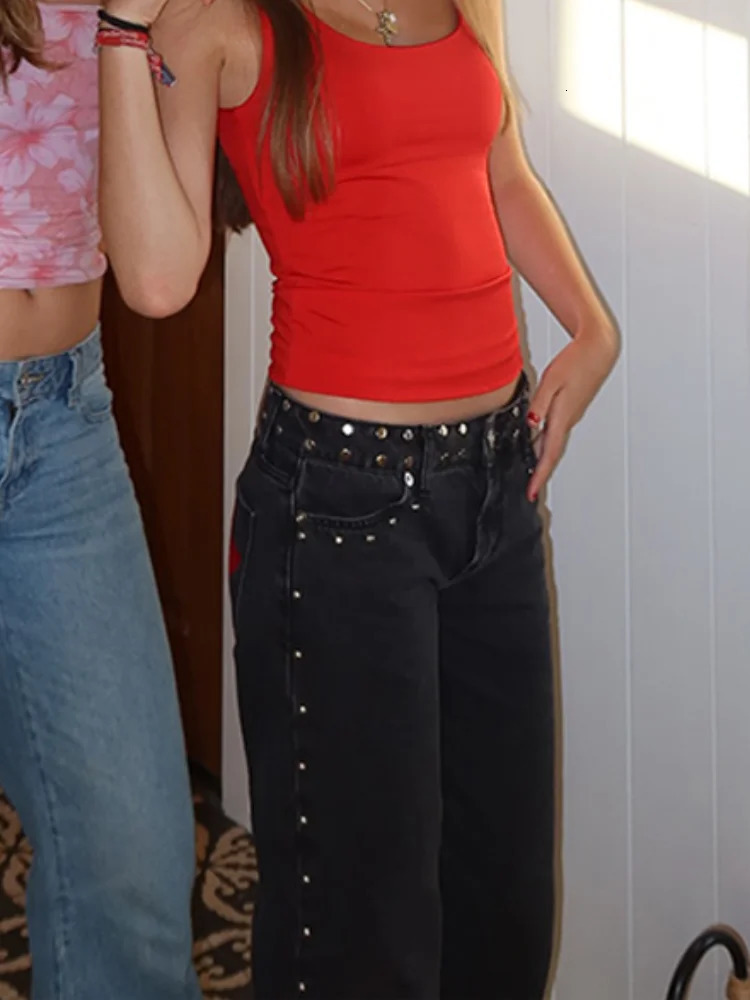 Fashion Dropped Riveted Denim Trousers Women High Street Straight Floor-length Solid Pants Autumn Winter All-match Y2K Jeans 251222