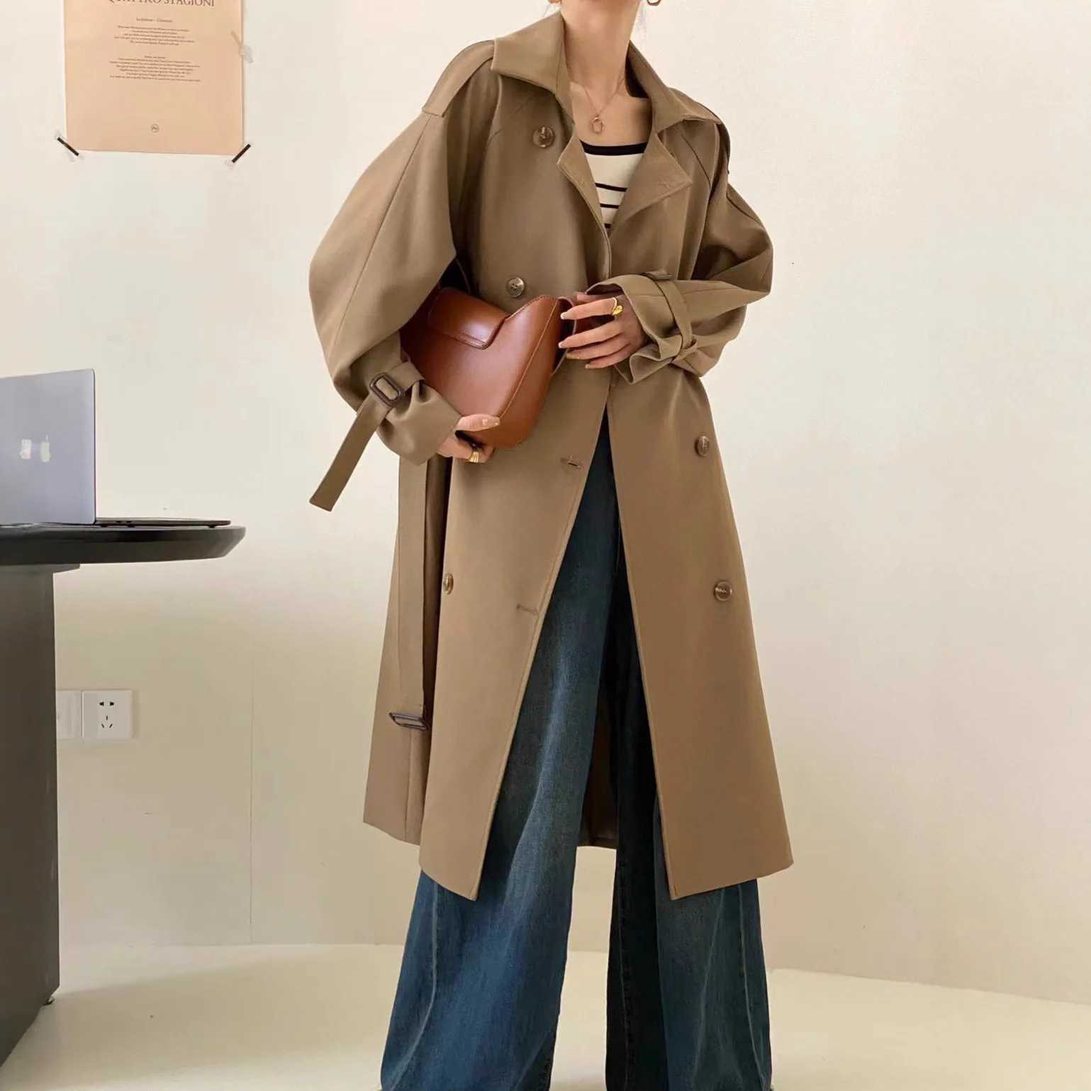 Women Solid Trench Long Sleeve Jacket Double Breasted Coats Cardigan Outerwear Spliced Loose Fit 2025 Pockets Basics AutumnT251226
