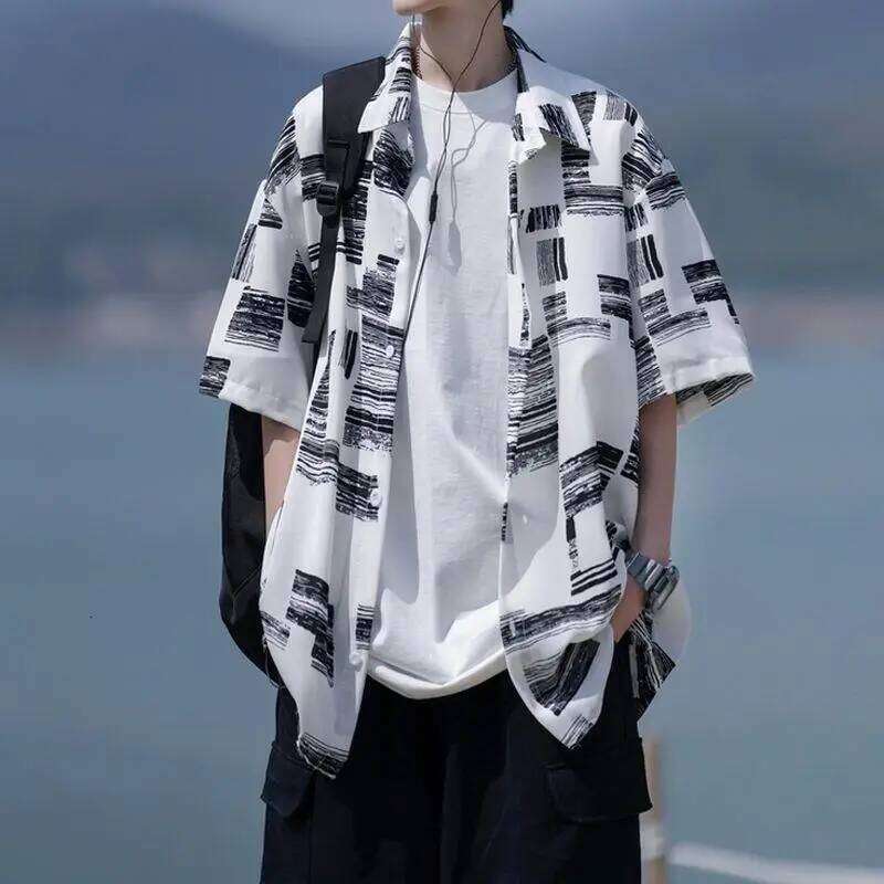 Men Summer Vintage Japanese Style Print Lapel Streetwear Y2k Shirt Youth Male Simple Casual Short Sleeve Oversize Harajuku Tops