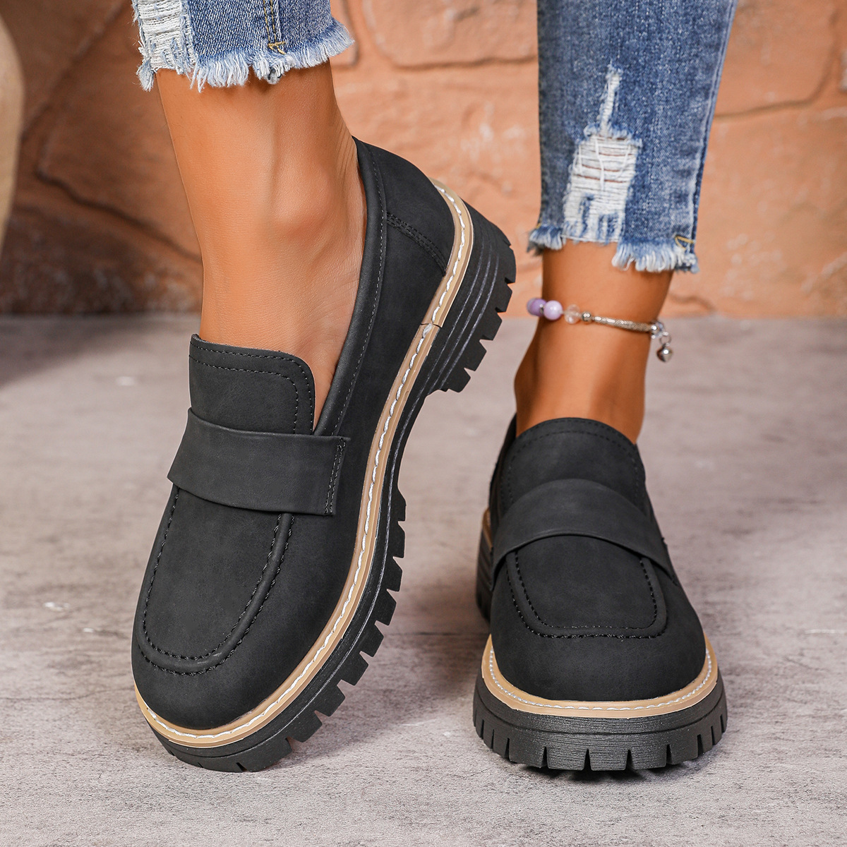 Foreign Trade Large Size British Style Women's Leather Spring Autumn New Fashion Versatile Color Block Casual Chunky Heel Thick Sole Single Shoes
