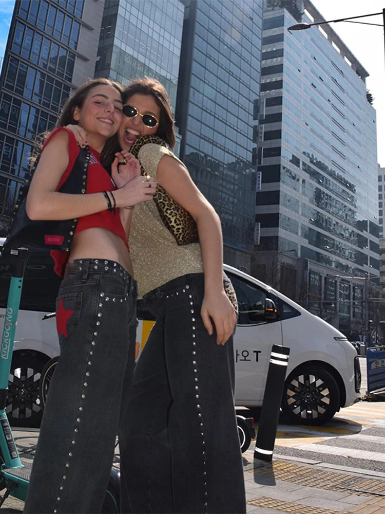 Fashion Dropped Riveted Denim Trousers Women High Street Straight Floor-length Solid Pants Autumn Winter All-match Y2K Jeans 251222