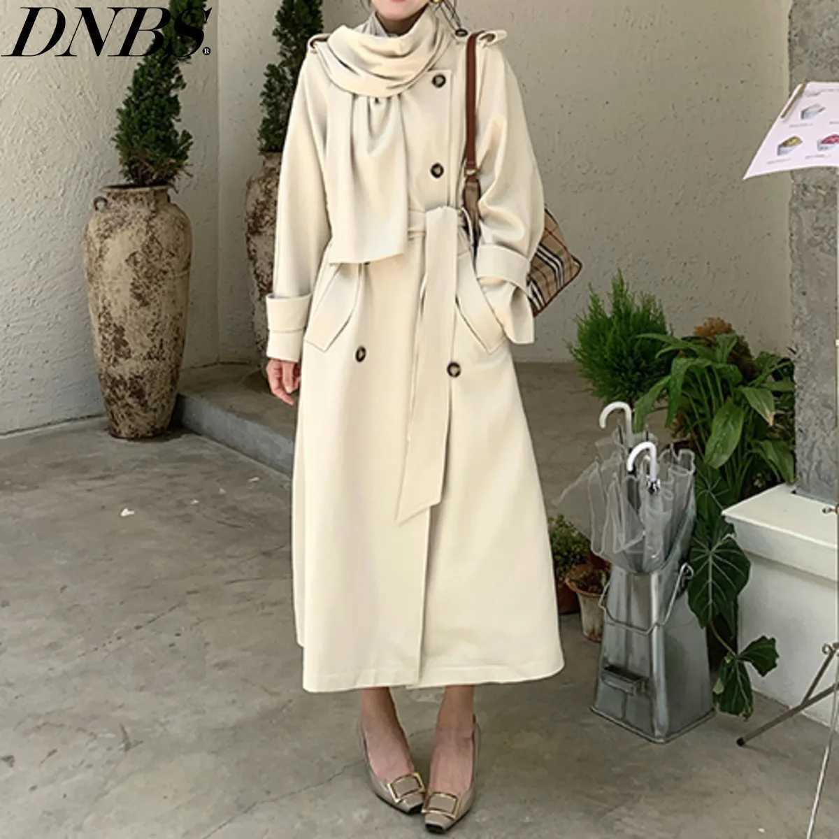 DNBS Womans Coat Pure Color Double-breasted Scarf-style Long Suitable Occasions 2025 Spring Style Length Windbreaker JacketT251226