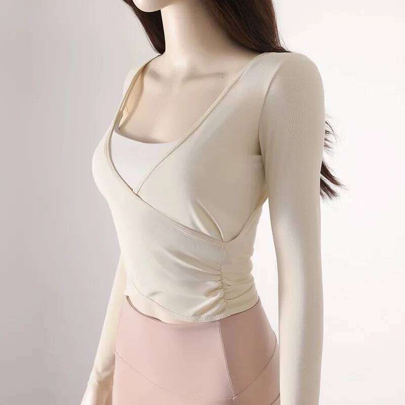 Quick Drying Yoga Sports Top V-Neck Cross Waist Mesh Breathable Fitness Long Sleeve Cover up for Women 25T1226
