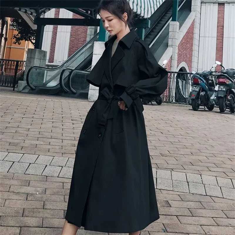 2025 Women British Style Windbreaker Streetwear Double Breasted Trench Coats Elegant Autumn Khaki Black JacketsT251226