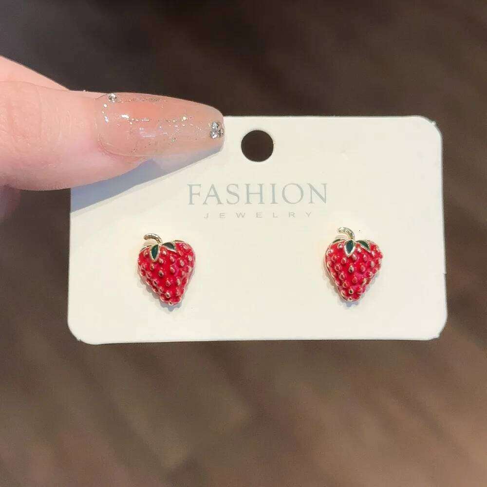 Cute Sweet Red Enamel Strawberries Small Stud Earrings for Women Girls New Korean Trendy Charm Fruit Jewelry Accessories Gifts 25H1226