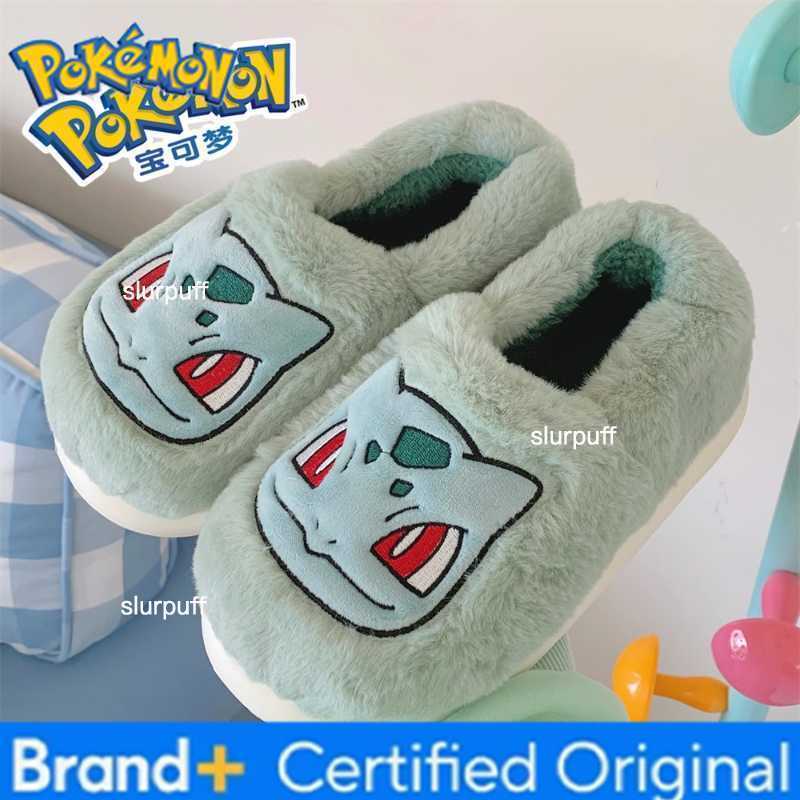 Pokemon Pokmon Genuine Bulbasaur Indoor Fall and Winter Plus Velvet Warm Soft-soled Comfortable Cotton Slippers for Men and Women W251226