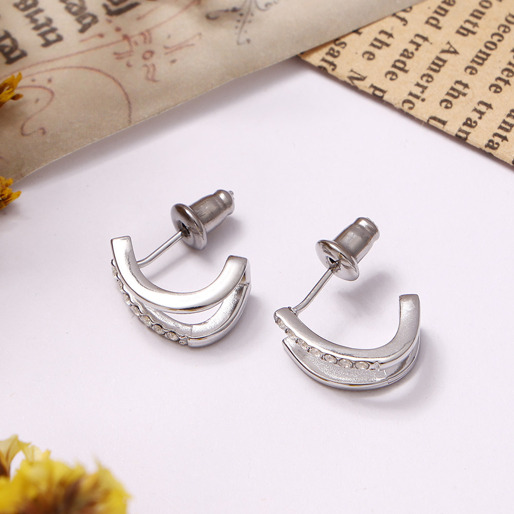 Minimalist stud inlaid with row diamonds double layer small C shaped earrings simple versatile light luxury jewelry H260129