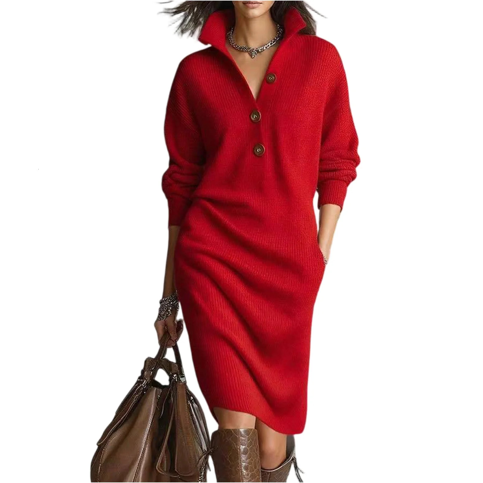 Autumn Casual Button Loose Straight Knitting Mid-Length Sweater Dresses Womens Fashion Lapel Long Sleeve Pocket Party Dress 251225