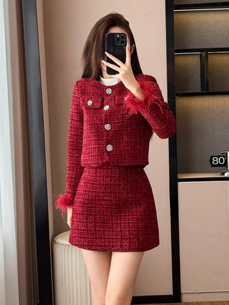 High Quality French Tweed Two Piece Set Women Fashion Jacket Coat Skirt Suits Fall Winter Christmas 2 Outfits 251211