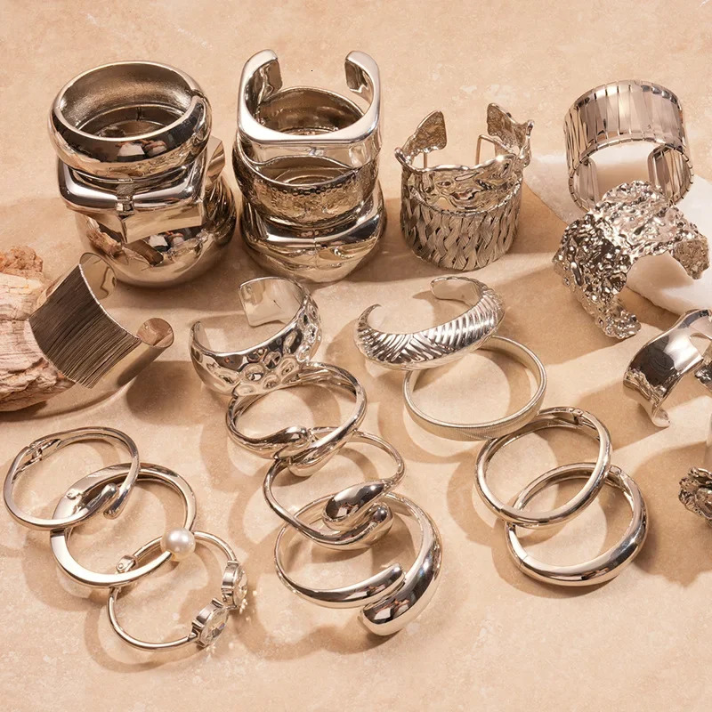 Multistyle Silver Color Metal Bangles Hollow Woven Irregular Wide Spring Open Cuff Bracelets Daily Steampunk Hand Jewelry F 251219