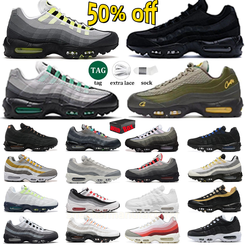 Designer 95 Mens Running Shoes 95 Three Colors (Black White Gray) Big Bubble Neon Levis Black Light Green Cement Color Solar Red 2.0 Sports Sneakers Trainers With Box