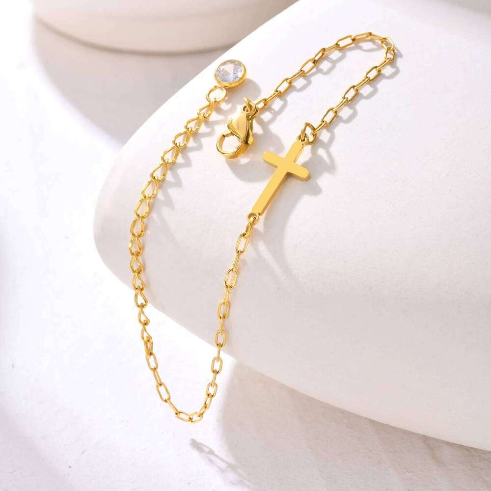 Fashion Stainless Steel Cross Bracelet for Women,CZ Zircon Charm Small Square Chain Bracelet,Waterproof Jewelry Gift 25T1226