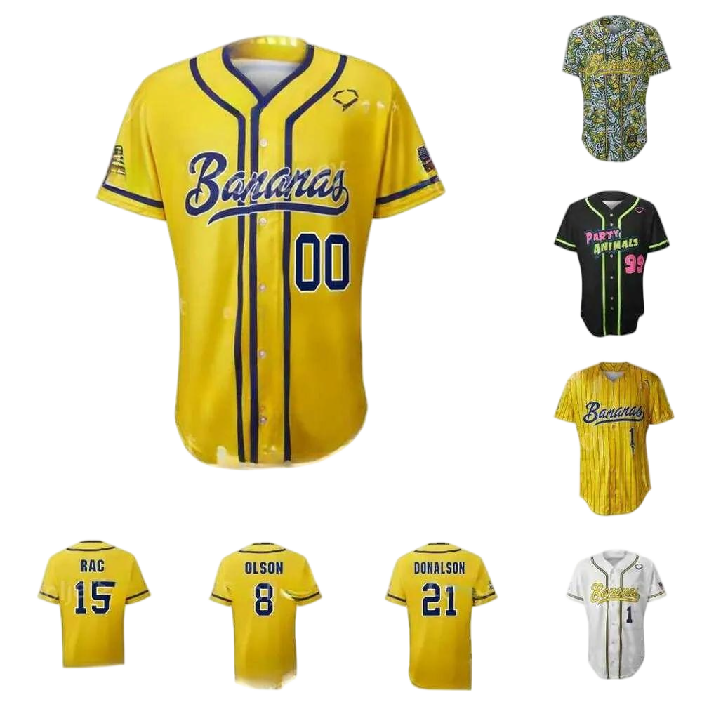 Savannah Bananas baseball jerseys Olson 8 Phillips 29 Rac 15 Jones 3 Custom Any Name Number Mens Womens Youth S-XXXL